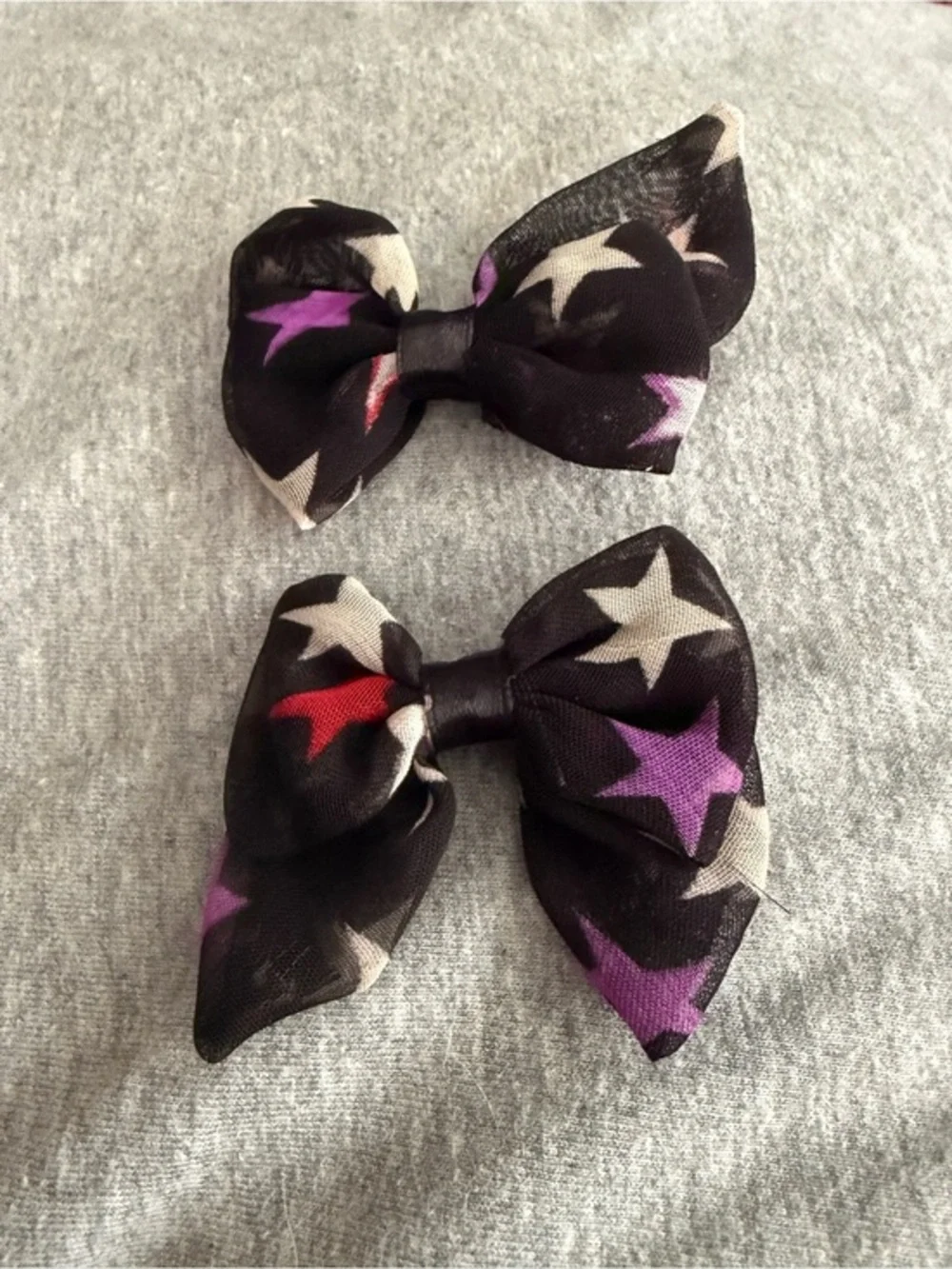 Star Print Hair Bows Clip- Black with Purple & White Stars